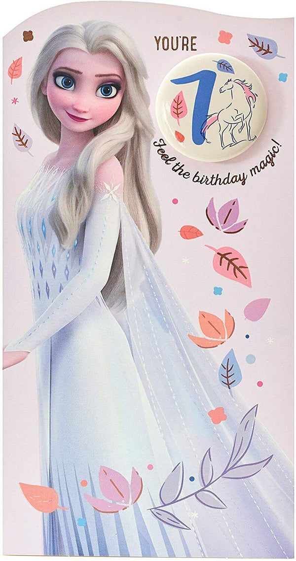 Disney Frozen Elsa birthday greeting card with badge, featuring Elsa and snowflake design, for a 7th birthday celebration.