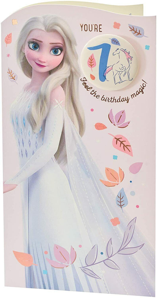 Disney Frozen Elsa 7th birthday greeting card with badge from UK Greetings, featuring Elsa and snowflake designs.