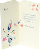 Disney Frozen Elsa birthday greeting card with badge, featuring colorful winter scene and festive design for a 7th birthday celebration.