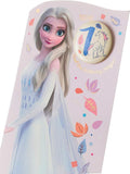 Disney Frozen Elsa birthday greeting card with badge, featuring festive design and colorful imagery for a 7th birthday celebration.