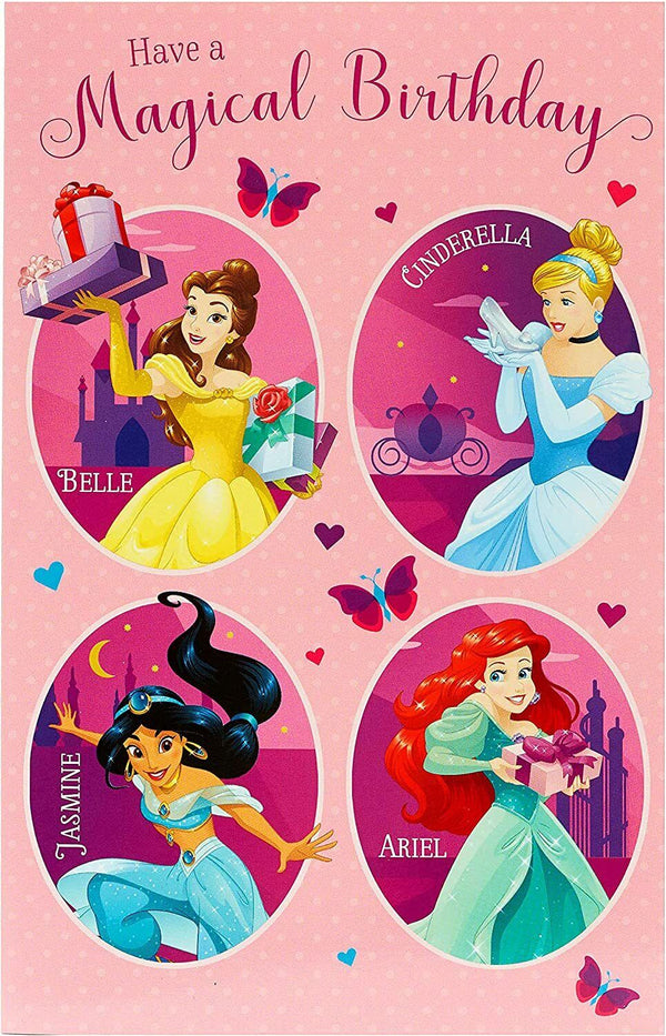 Disney Have a Magical Birthday greeting card featuring multiple princesses from UK Greetings with colorful birthday-themed illustrations.