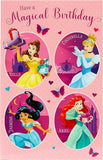 Disney Have a Magical Birthday greeting card featuring multiple princesses from UK Greetings with colorful birthday-themed illustrations.