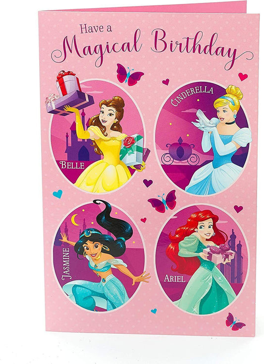 Disney Have a Magical Birthday greeting card featuring multiple princesses from UK Greetings, colorful and festive design.