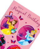 Disney Have a Magical Birthday greeting card featuring multiple princesses from UK Greetings, with colorful birthday-themed illustrations.