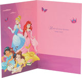 Colorful Disney Have a Magical Birthday greeting card featuring multiple princesses from UK Greetings, with vibrant birthday-themed illustrations.