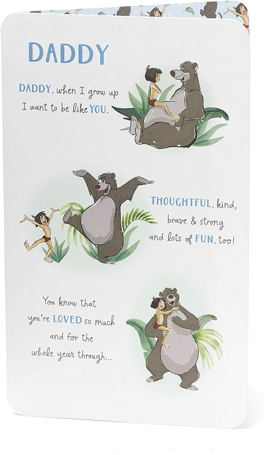 Disney Jungle Book Daddy birthday greeting card from UK Greetings featuring Mowgli and jungle animals in colorful illustration.