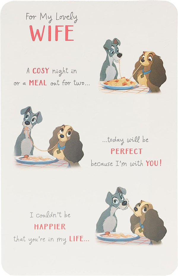 Disney Lady & The Tramp Valentine's Day greeting card by UK Greetings featuring romantic illustration of Lady and Tramp.