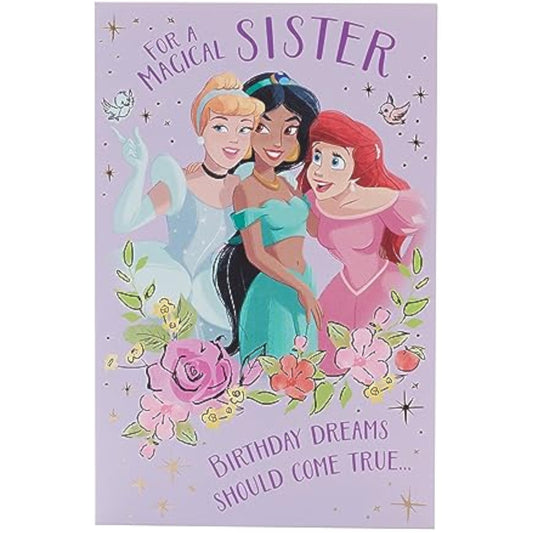 Disney Magical Princess Sister birthday greeting card with colorful princess illustrations and festive design by UK Greetings