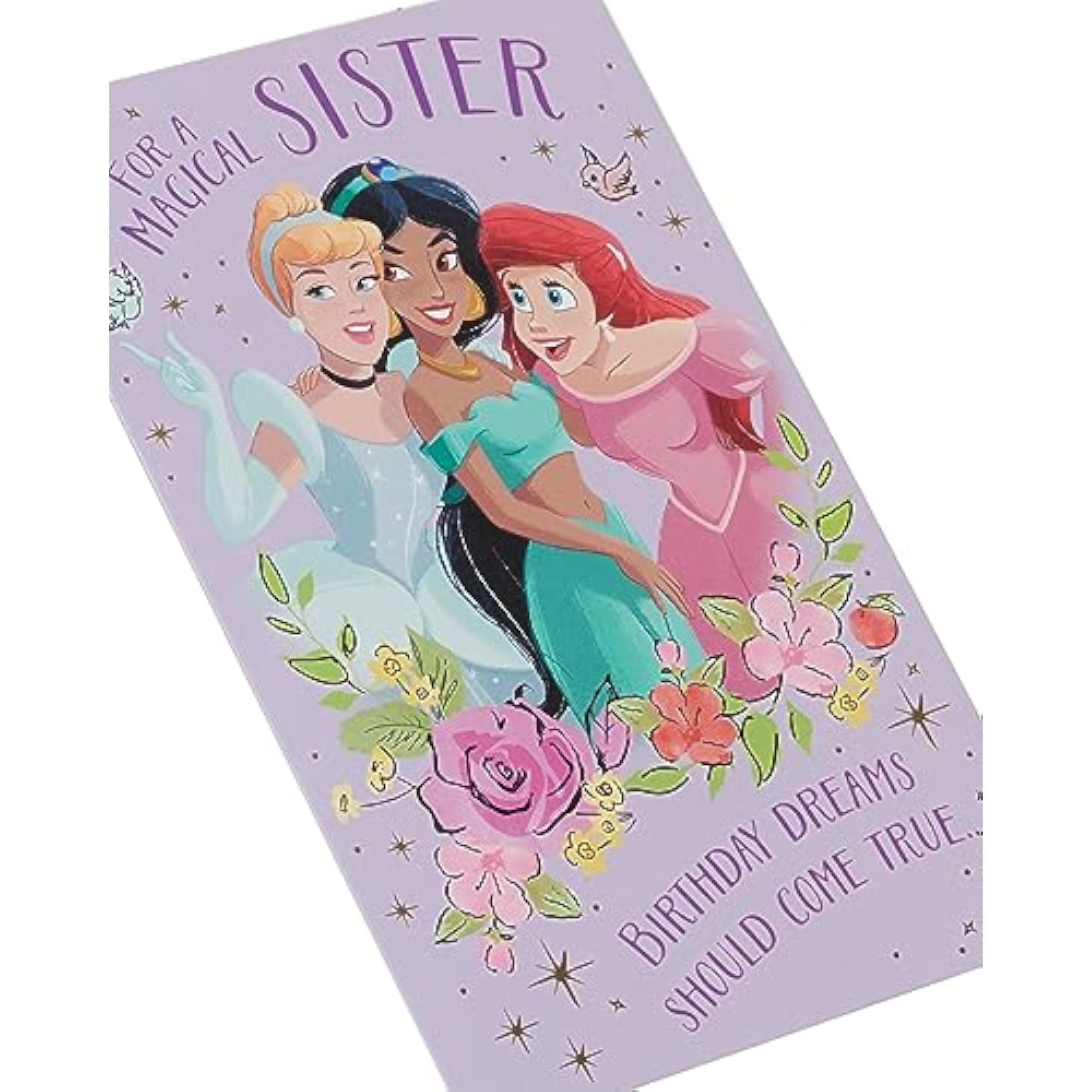 Disney Magical Princess Sister birthday greeting card with colorful princess illustrations and festive design.