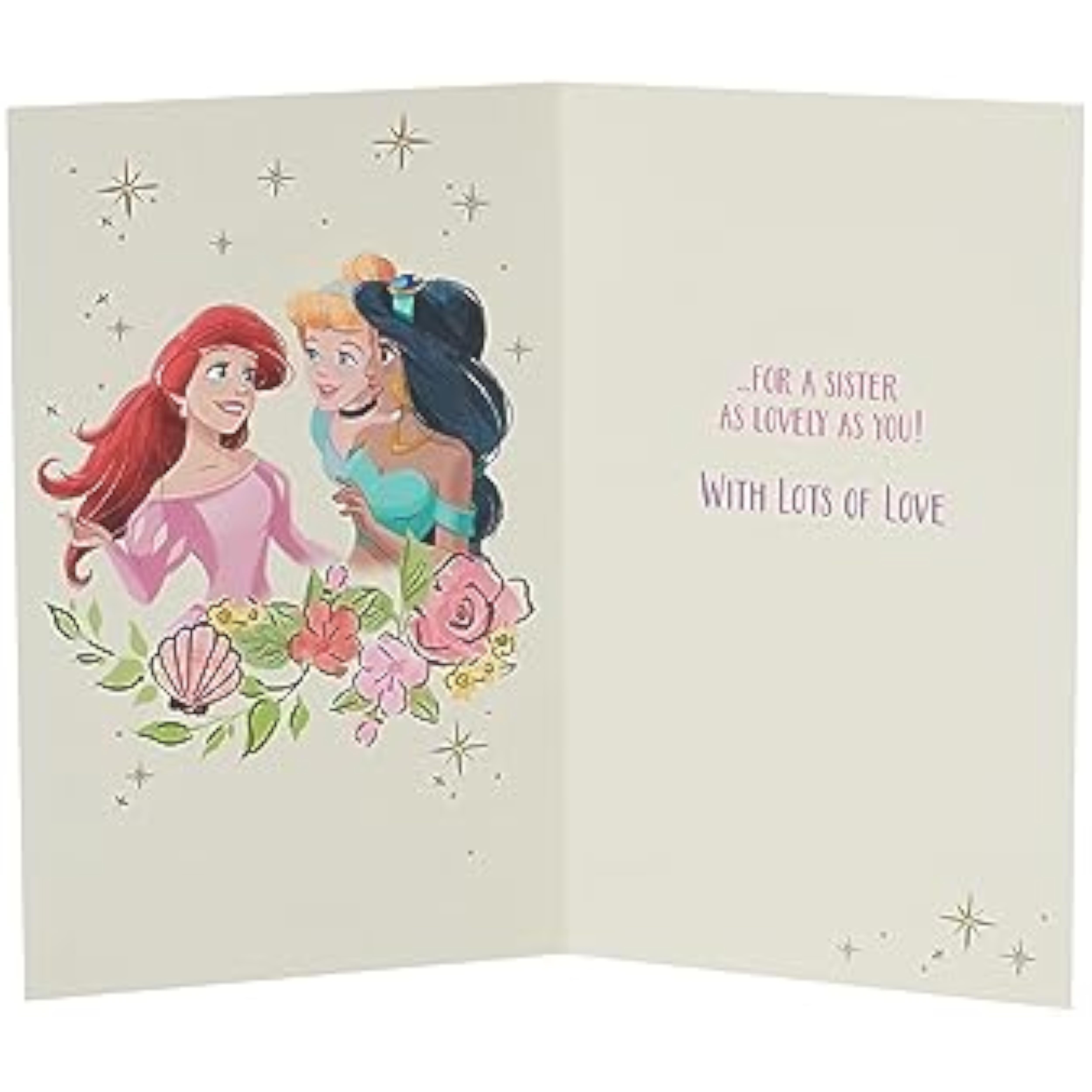 Disney Magical Princess Sister Birthday Card by UK Greetings showing a colorful princess design and festive birthday message.