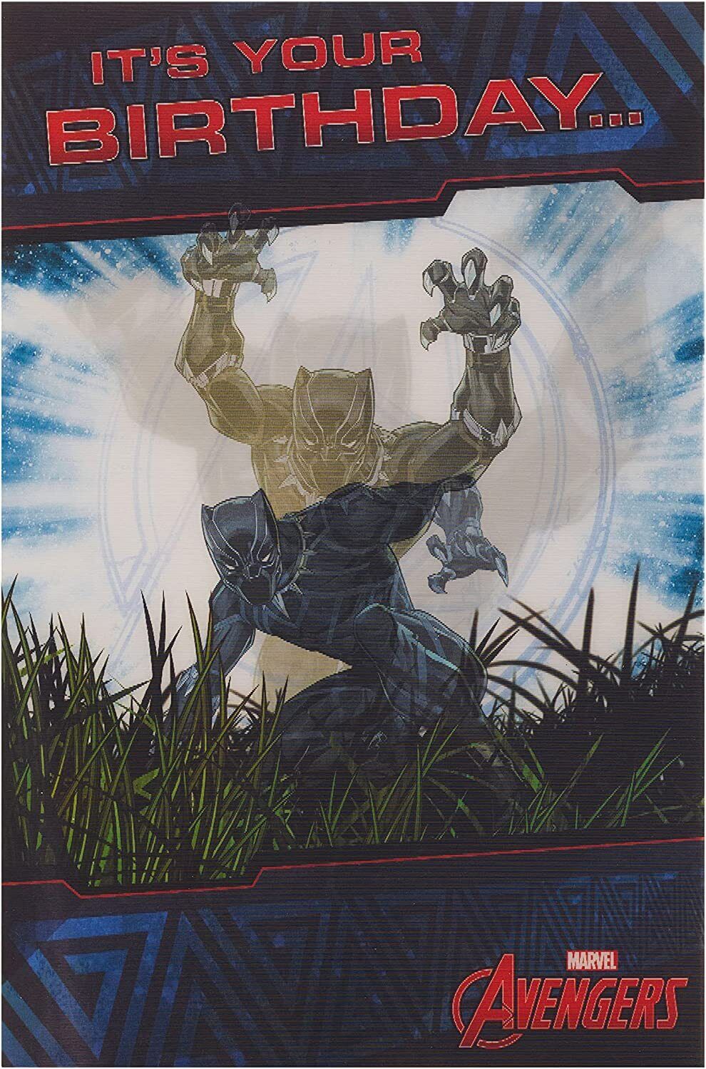 Disney Marvel Avengers 3D holographic greeting card featuring Marvel superheroes for a birthday celebration.