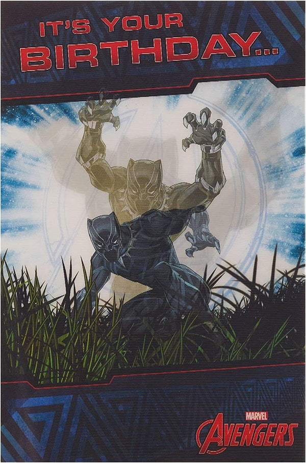 Disney Marvel Avengers 3D holographic greeting card featuring Marvel superheroes for a birthday celebration.