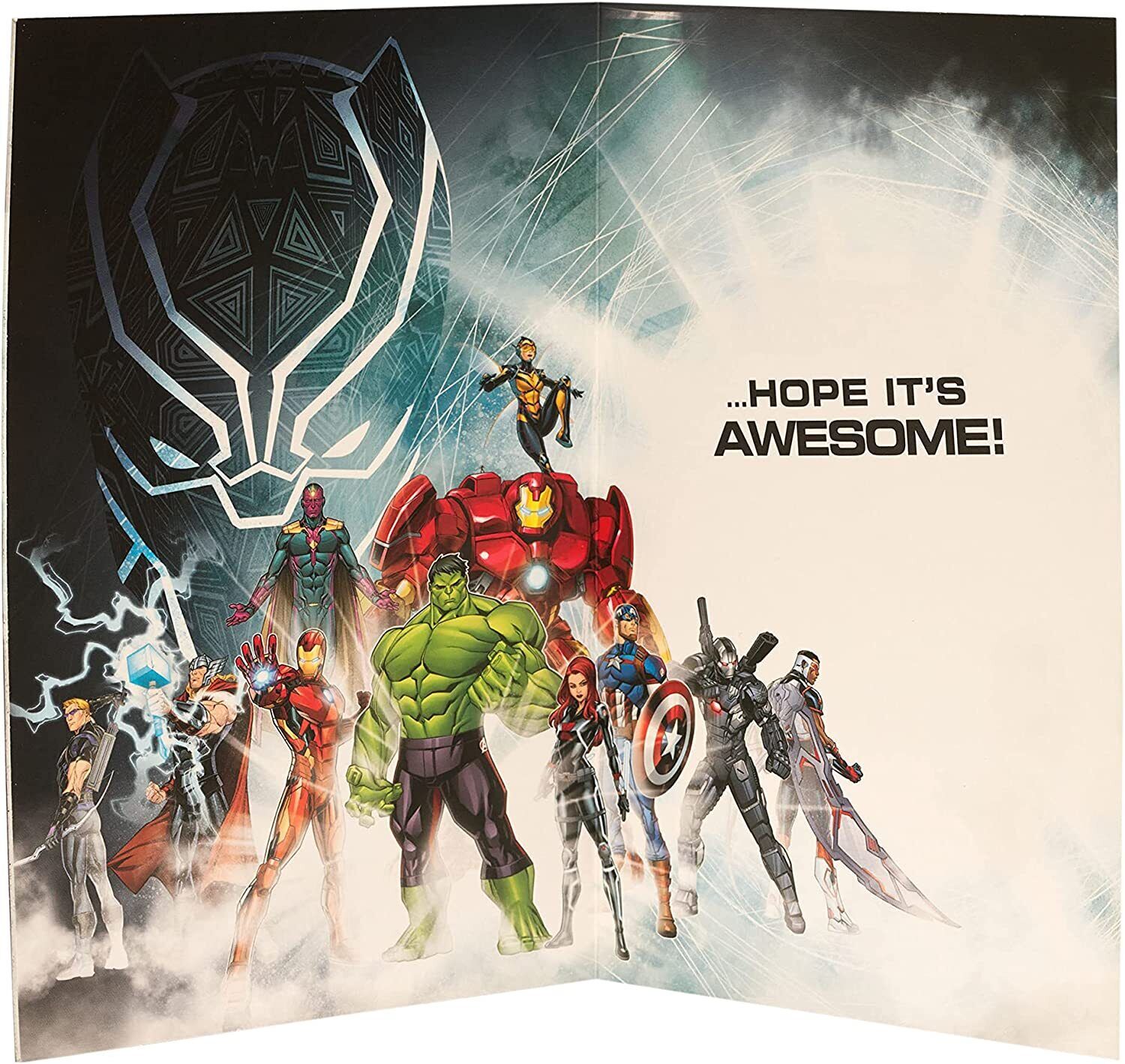 3D holographic Marvel Avengers birthday greeting card by UK Greetings featuring iconic superhero characters and vibrant design.