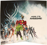 3D holographic Marvel Avengers birthday greeting card by UK Greetings featuring iconic superhero characters and vibrant design.