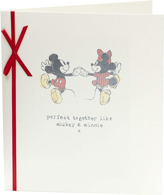 Disney Mickey and Minnie Mouse anniversary greeting card by UK Greetings featuring colorful cartoon characters and festive design.