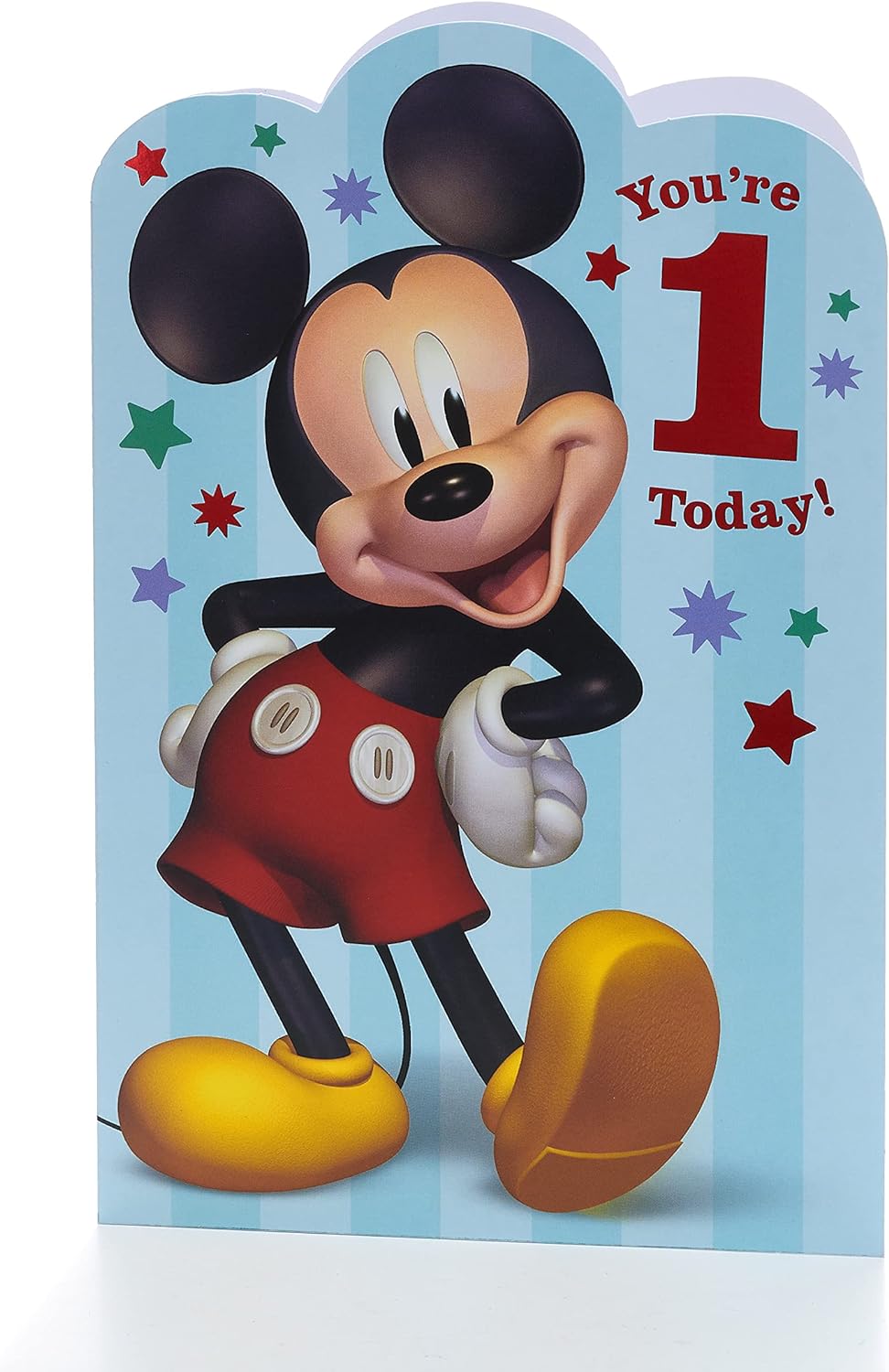 Disney Mickey Mouse 1st birthday greeting card with colorful birthday-themed design and playful Mickey Mouse illustration.