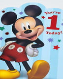 Disney Mickey Mouse first birthday greeting card from UK Greetings, featuring colorful birthday-themed artwork and Mickey Mouse design.