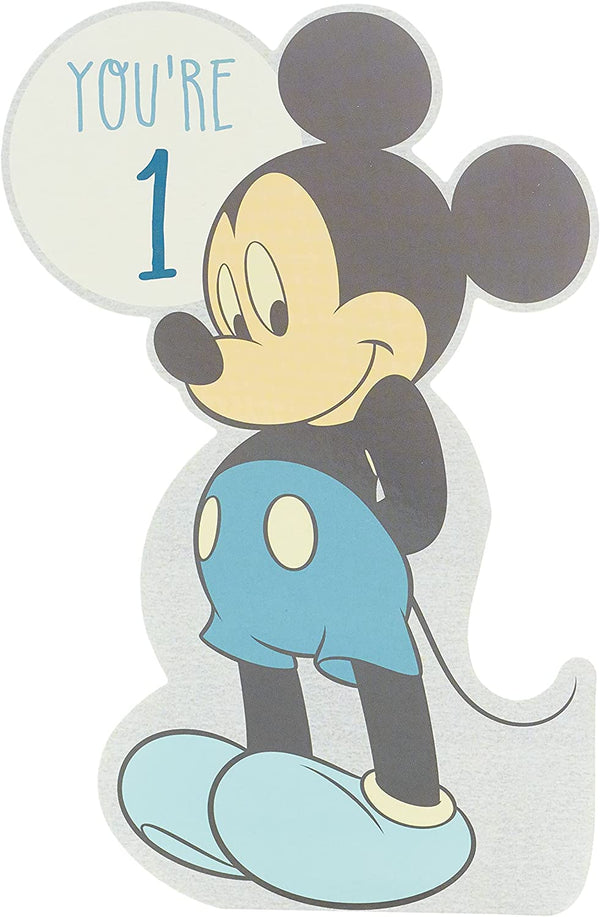Disney Mickey Mouse die-cut baby boy first birthday greeting card with colorful birthday-themed design and playful Mickey Mouse illustration.