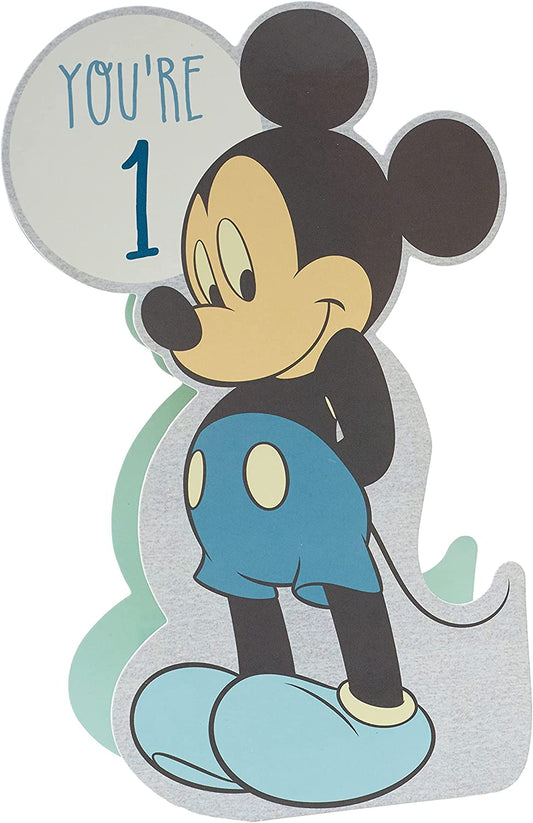 Disney Mickey Mouse die-cut baby boy 1st birthday greeting card with colorful design and festive birthday theme.