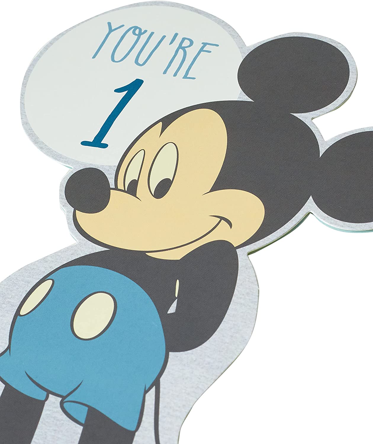 Disney Mickey Mouse die cut greeting card for baby boy's 1st birthday, featuring colorful Mickey Mouse design from UK Greetings.