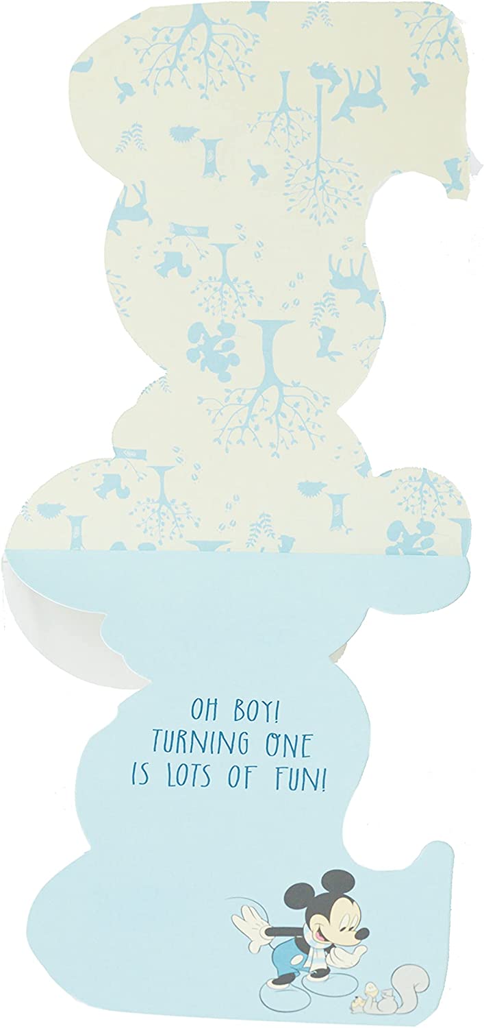 Disney Mickey Mouse die-cut greeting card for baby boy's first birthday, featuring colorful Mickey design on UK Greetings card.