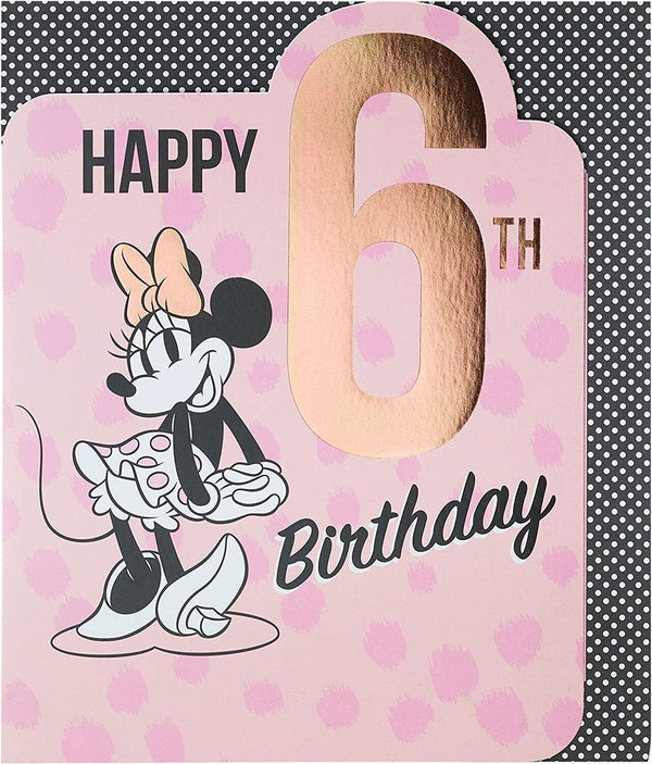 Disney Minnie Mouse 6th birthday greeting card by UK Greetings featuring colorful Minnie Mouse illustration on the front.