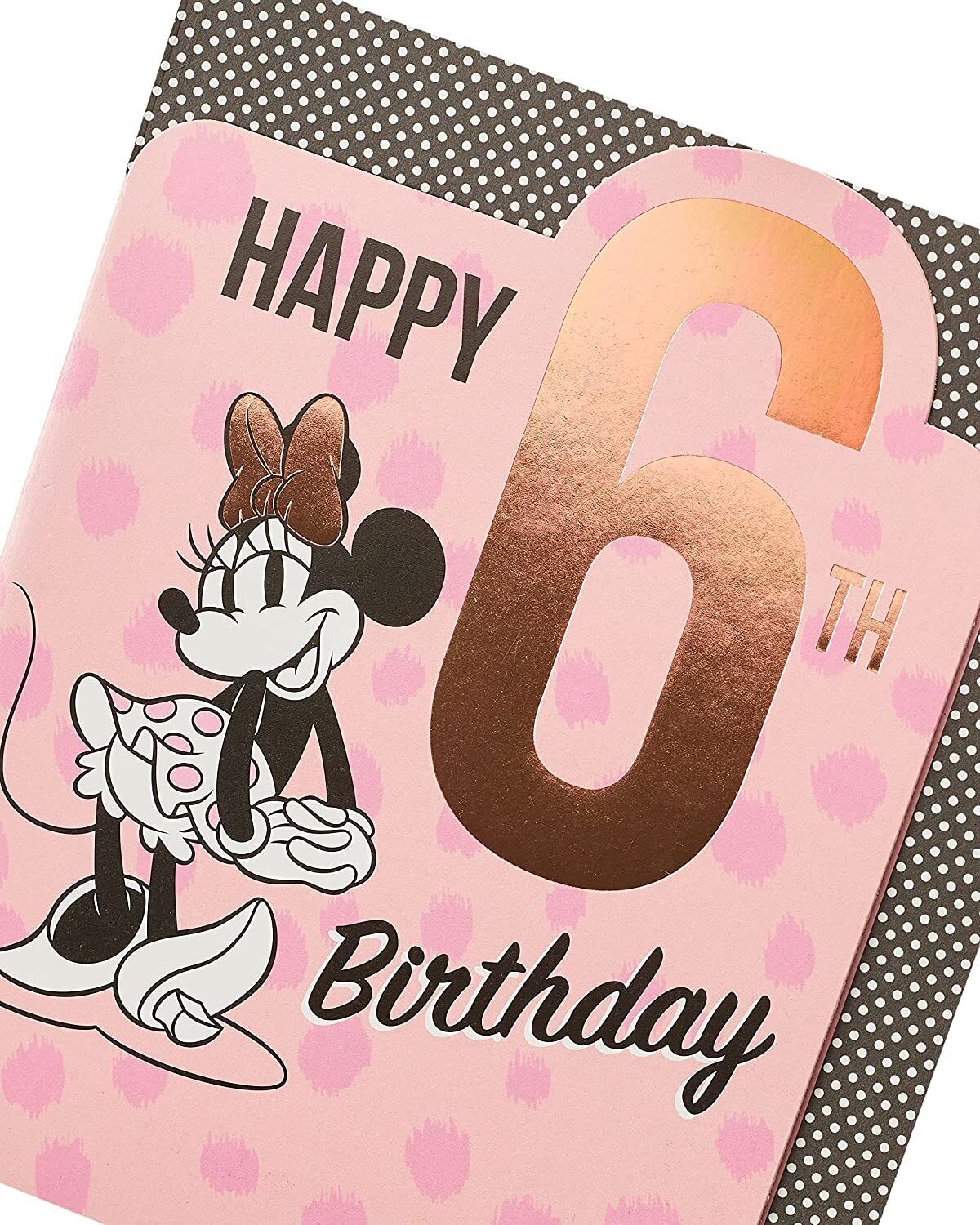 Disney Minnie Mouse 6th birthday greeting card by UK Greetings featuring colorful Minnie Mouse design and festive birthday theme.