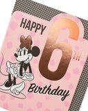 Disney Minnie Mouse 6th birthday greeting card by UK Greetings featuring colorful Minnie Mouse design and festive birthday theme.