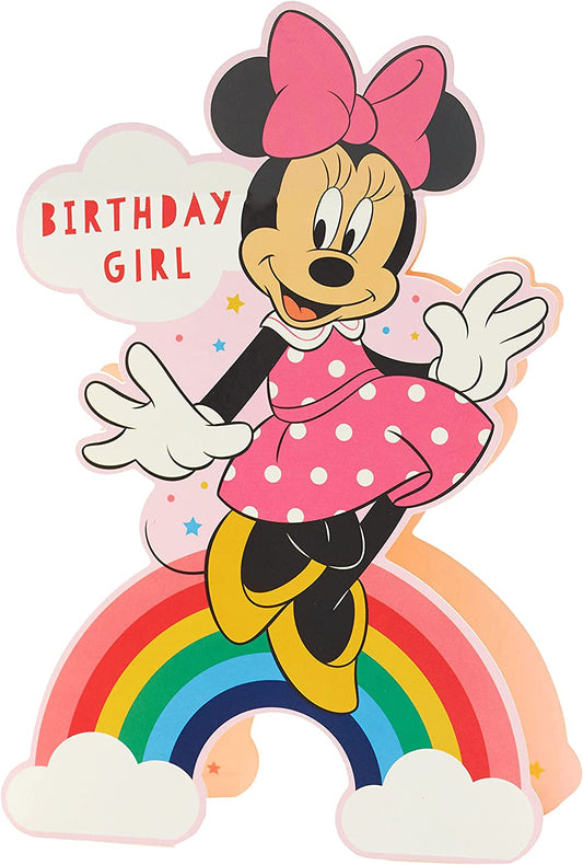 Colorful Disney Minnie Mouse birthday greeting card by UK Greetings featuring Minnie in a festive design.