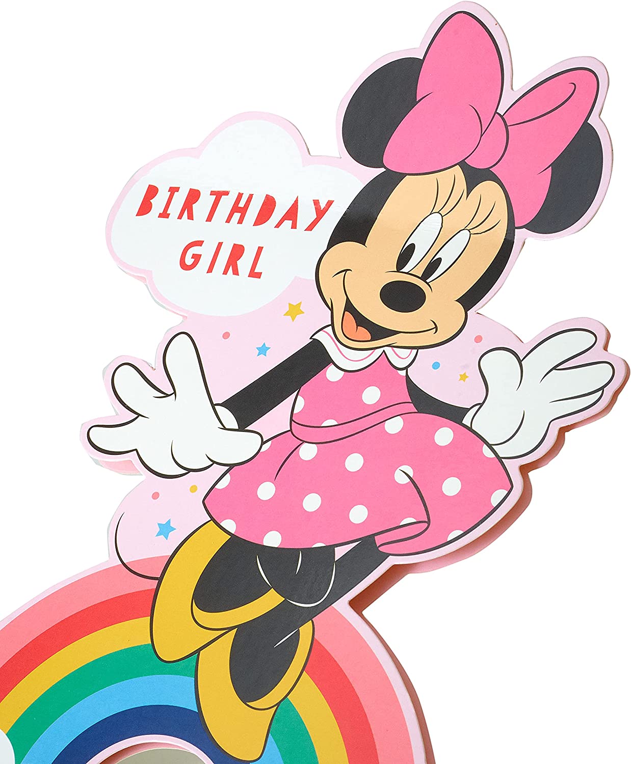 Disney Minnie Mouse birthday greeting card featuring colorful Minnie Mouse design and cheerful birthday message.