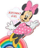 Disney Minnie Mouse birthday greeting card featuring colorful Minnie Mouse design and cheerful birthday message.