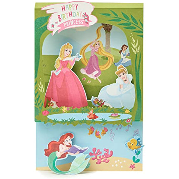 Disney Princess 3D greeting card by UK Greetings featuring vibrant princess illustrations and intricate pop-up design.