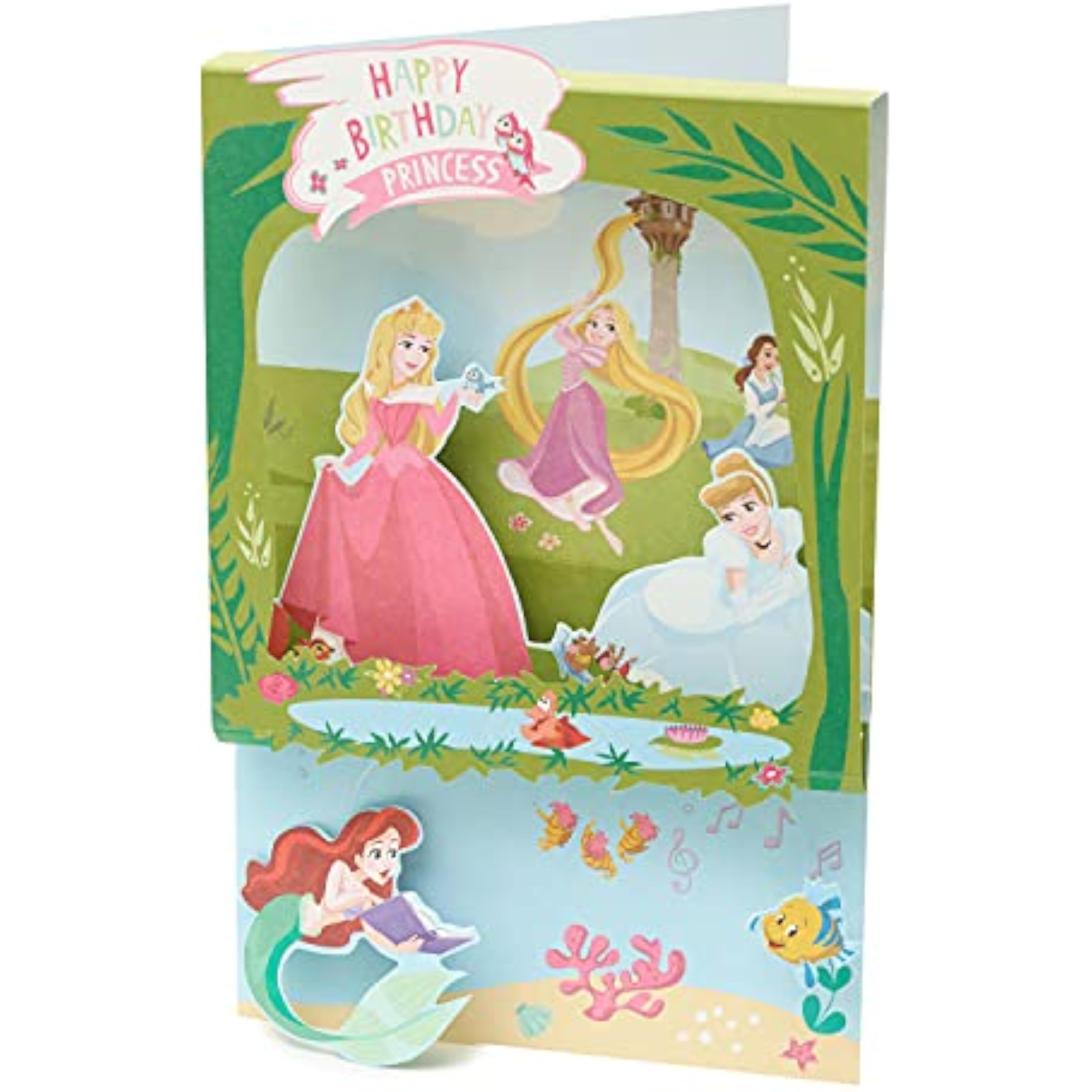 Disney Princess 3D greeting birthday card featuring colorful princess characters and intricate 3D paper design.