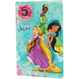 Disney Princess 5th birthday greeting card with attached badge, featuring colorful princess illustrations for young fans.