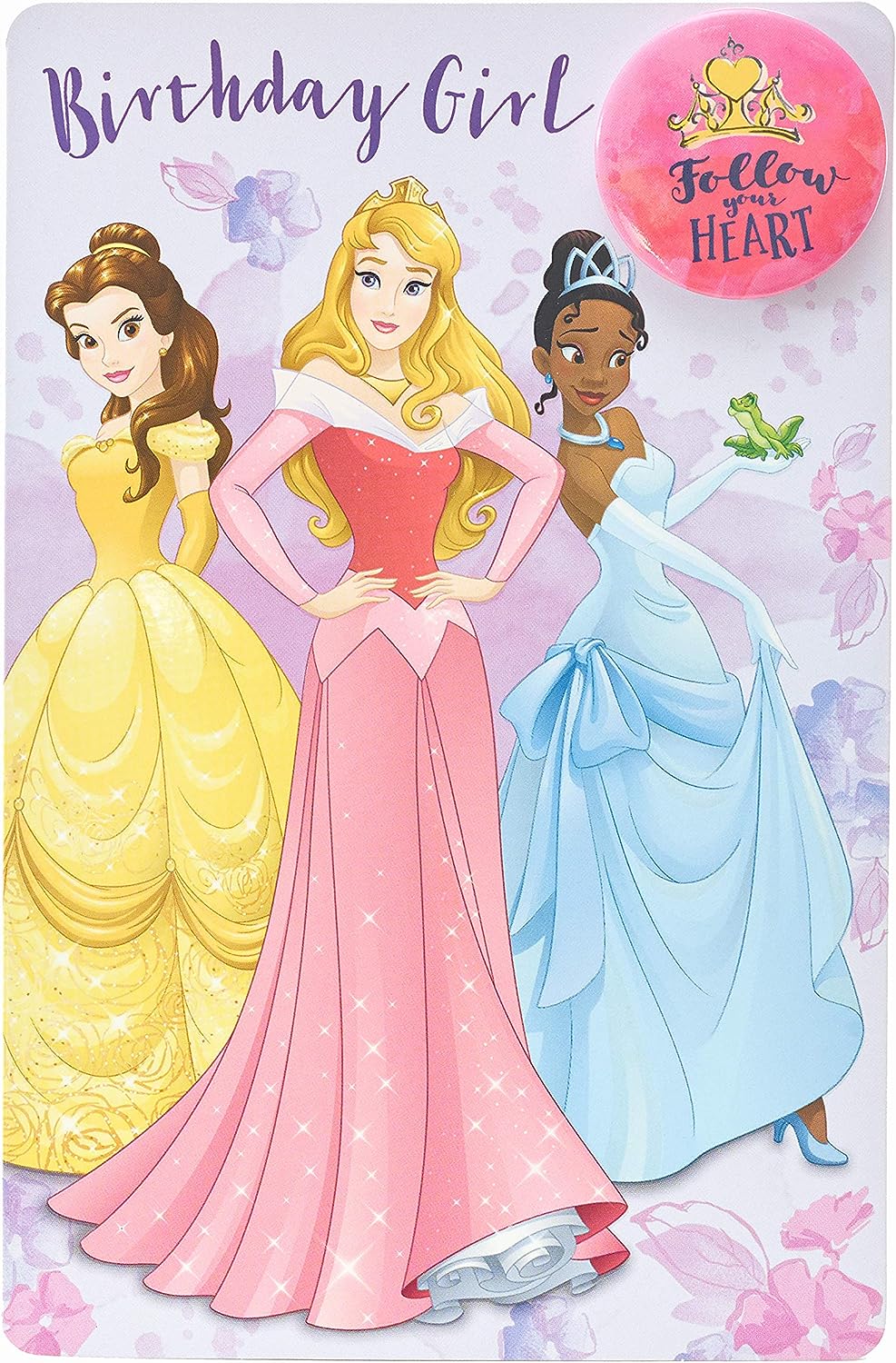 Disney Princess Belle, Aurora, and Tiana greeting card featuring colorful illustrations for birthday celebrations.