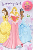 Disney Princess Belle, Aurora, and Tiana greeting card featuring colorful illustrations for birthday celebrations.