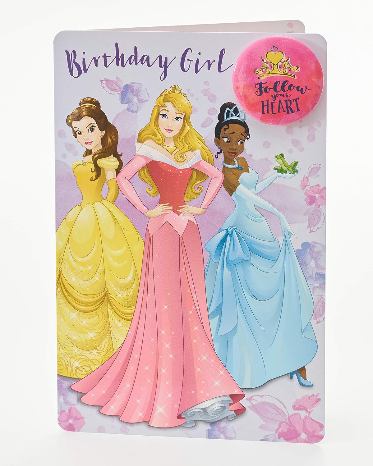 Disney Princess birthday greeting card featuring Belle, Aurora, and Tiana with colorful designs and festive accents.