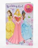 Disney Princess birthday greeting card featuring Belle, Aurora, and Tiana with colorful designs and festive accents.