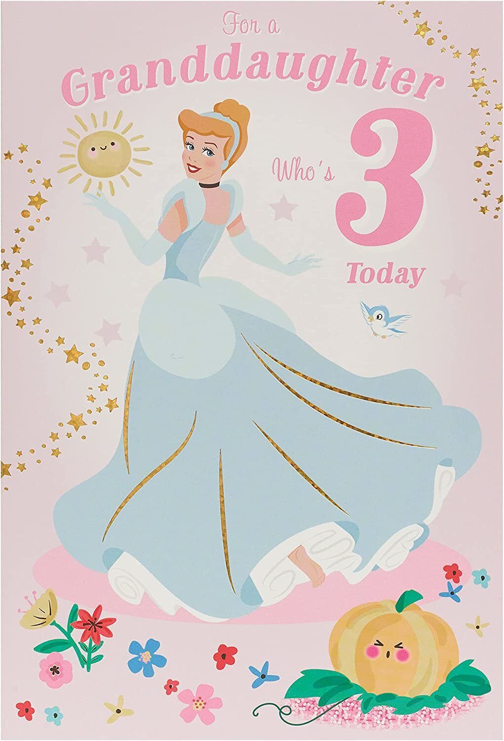 Disney Princess Cinderella birthday greeting card featuring a magical illustration for a child's third birthday.