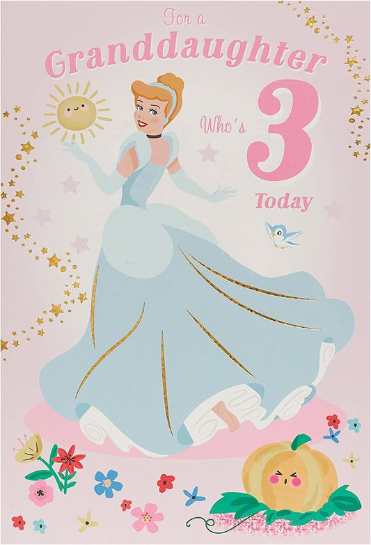 Disney Princess Cinderella birthday greeting card featuring a magical illustration for a child's third birthday.