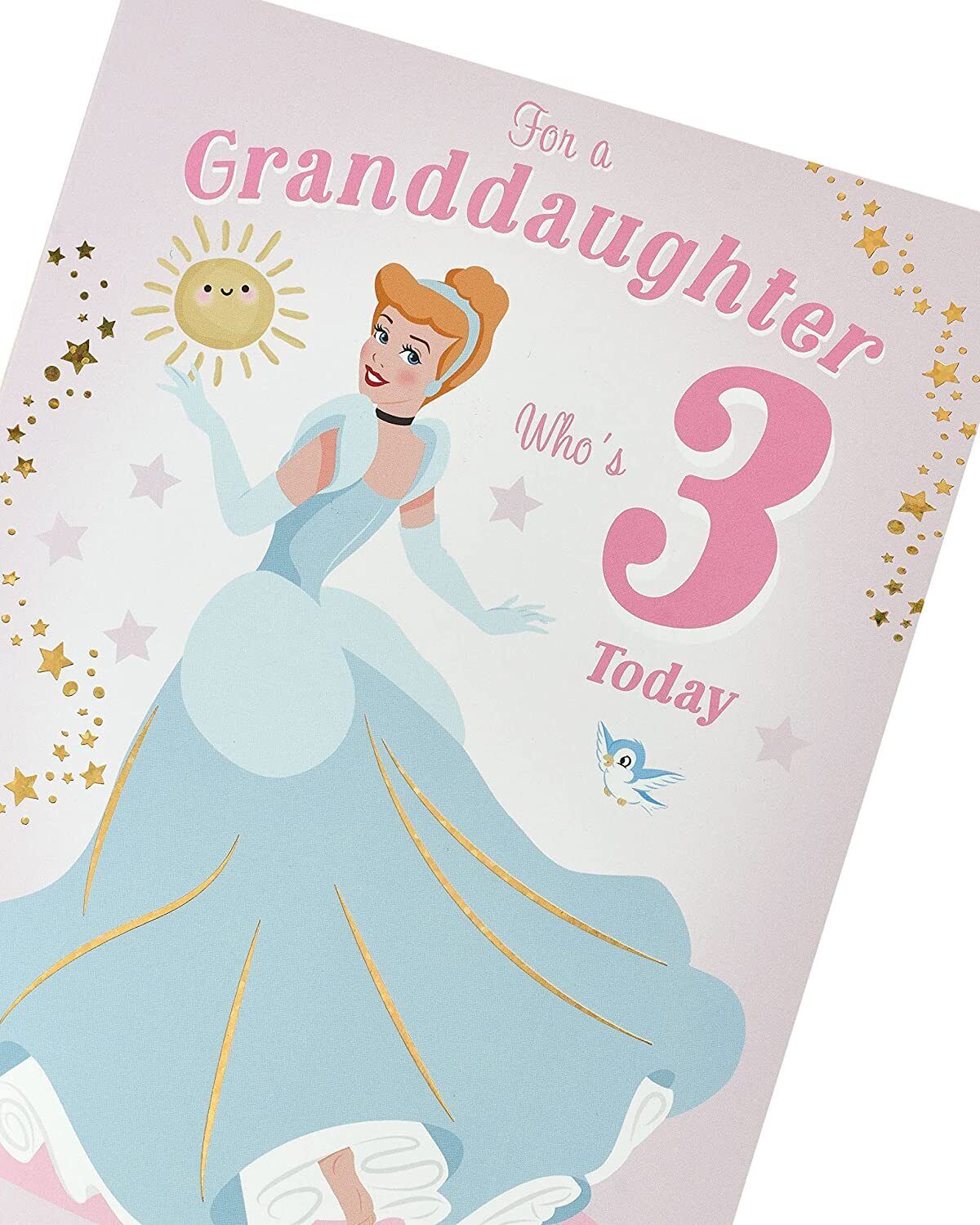 Disney Princess Cinderella birthday greeting card featuring Cinderella in her ball gown with magical design elements.