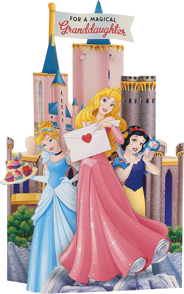 Disney Princess granddaughter greeting card featuring a castle build and stickers, perfect for celebrating special moments.