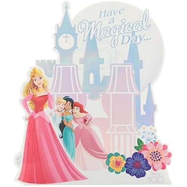 Disney Princess pop-up castle greeting card by UK Greetings, featuring colorful princess and castle design for birthdays.