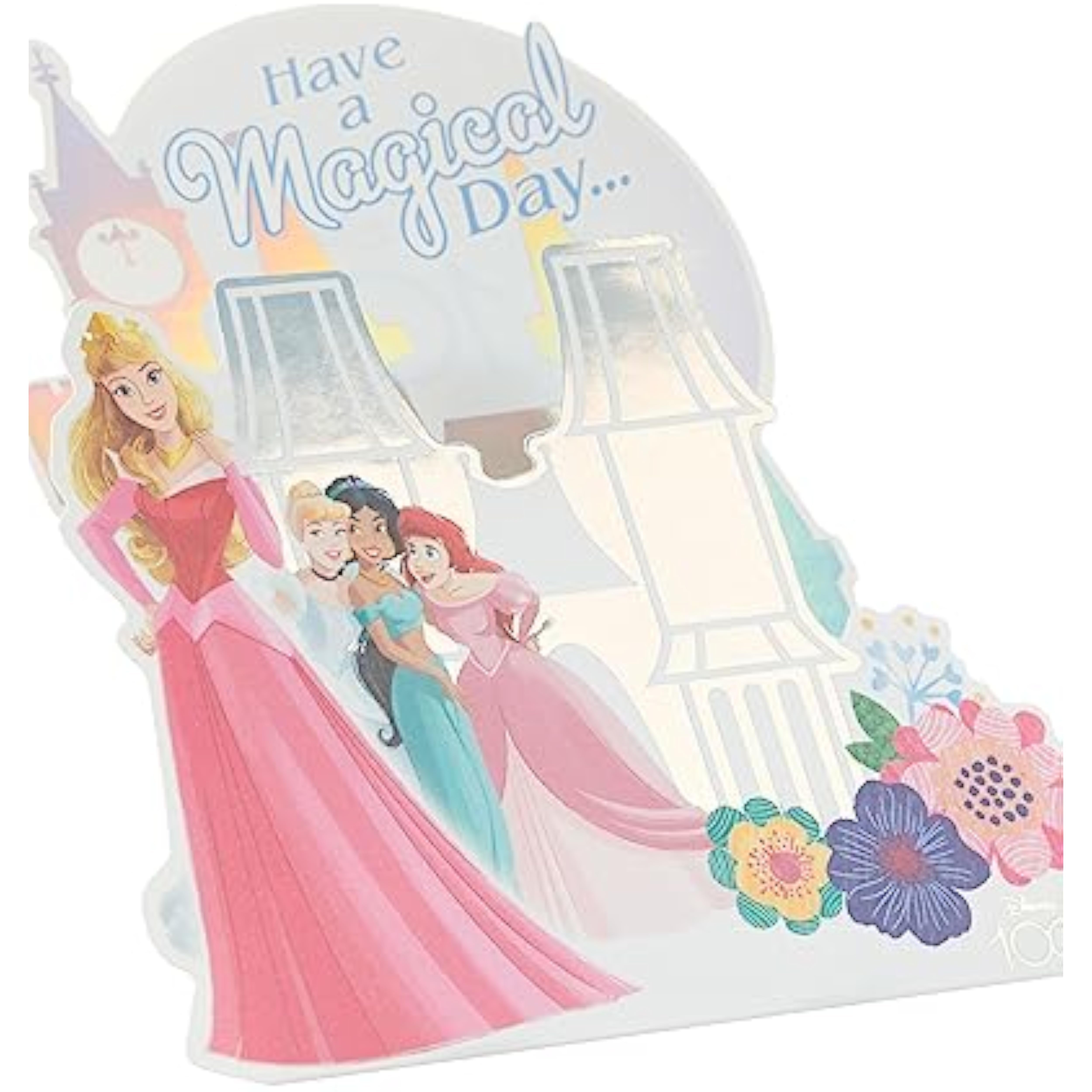 Disney Princess pop-up castle birthday greeting card with colorful princess illustrations and intricate paper design.