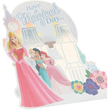 Disney Princess pop-up castle birthday greeting card with colorful princess illustrations and intricate paper design.