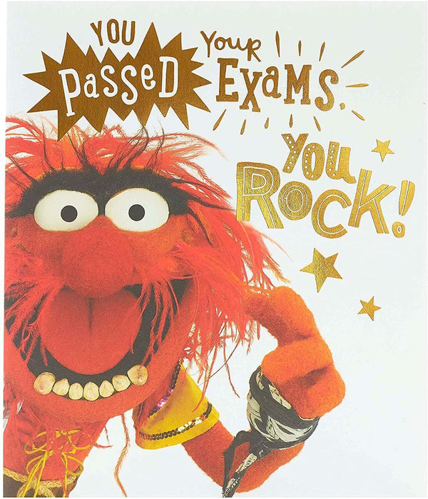 Disney's Muppets congratulation greeting card from UK Greetings, featuring Kermit the Frog celebrating a passed exam.
