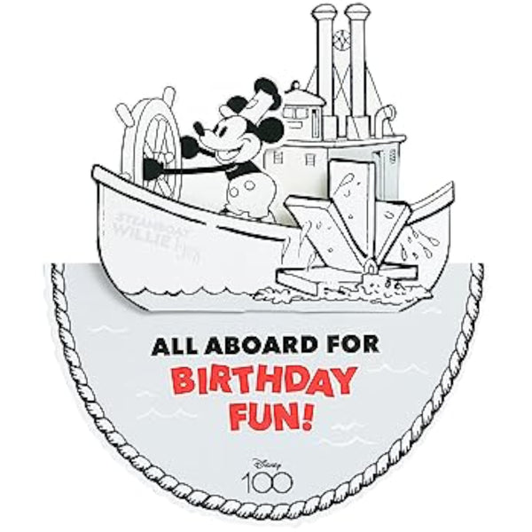 Disney Steamboat Willie Mickey pop-up birthday greeting card by UK Greetings featuring classic cartoon character and festive design.