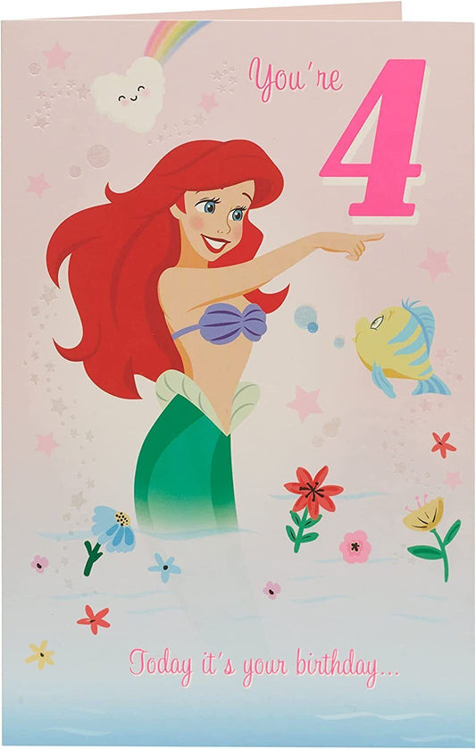 Disney The Little Mermaid Ariel birthday greeting card featuring Ariel and underwater scene, perfect for a 4th birthday celebration.