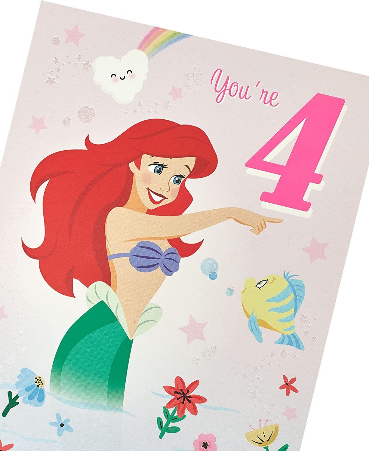 Disney The Little Mermaid Ariel birthday greeting card featuring Ariel with colorful underwater scene, perfect for a 4th birthday celebration.