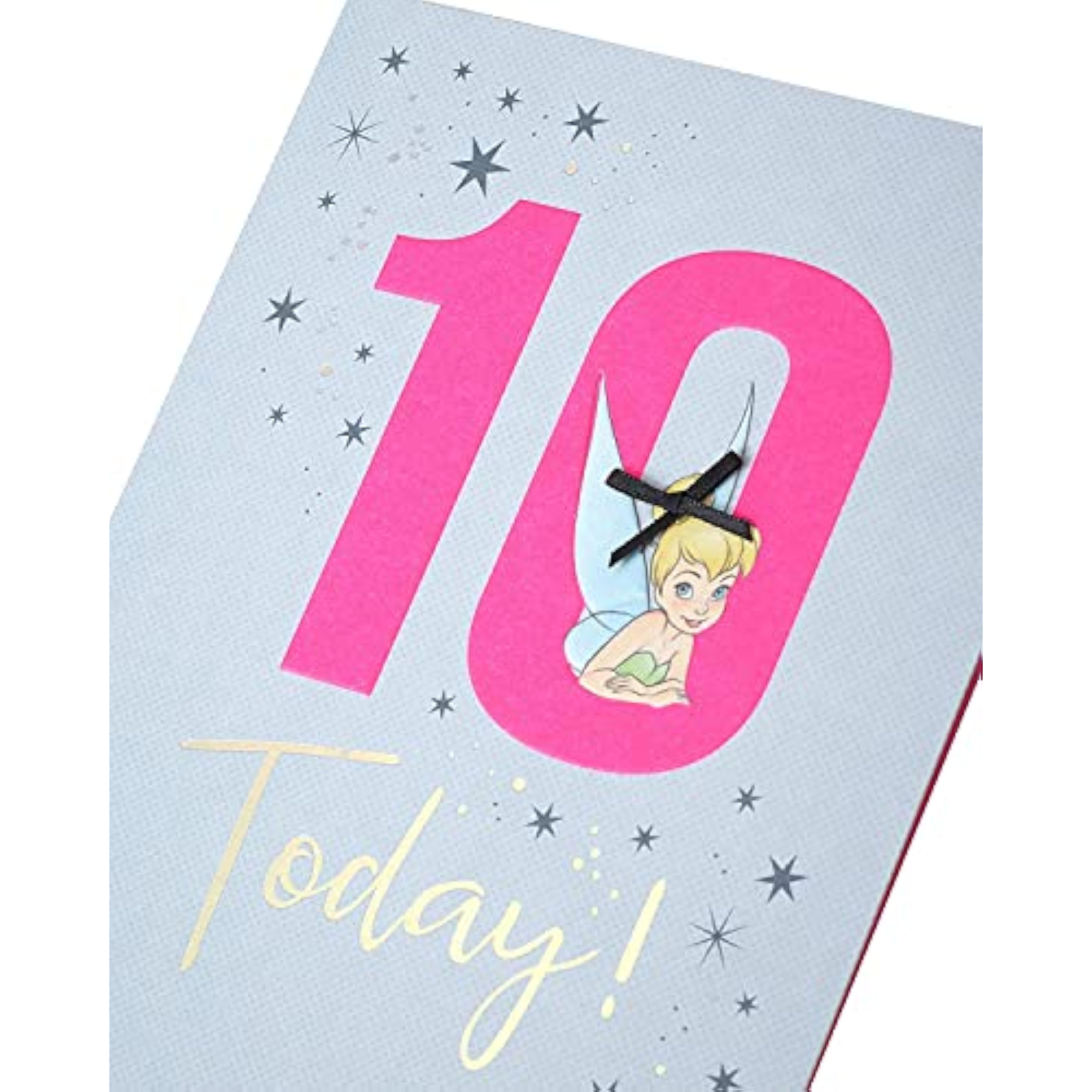 Disney Tinker Bell birthday greeting card by UK Greetings featuring Tinker Bell with a festive design for a 10th birthday celebration.